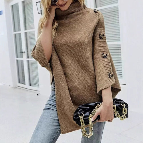 Lady knit poncho with high collar and decorative buttons Amarae