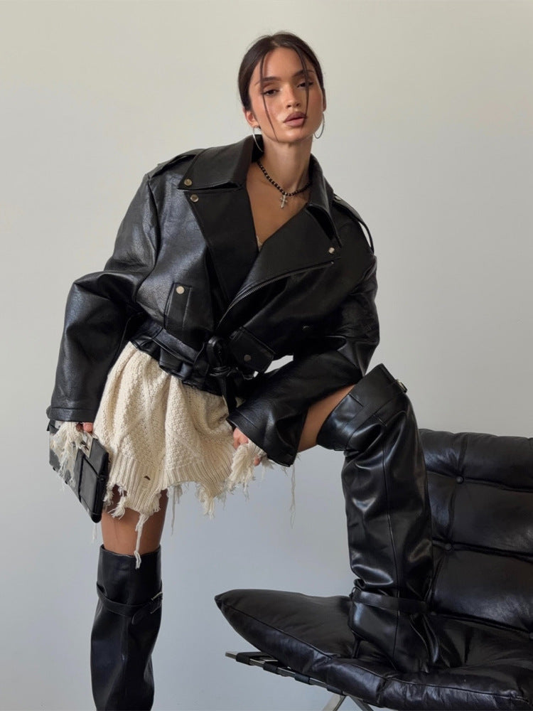 Women's Oversized Biker Jacket made of vegan leather imitation with waist belt & epaulettes Amarae