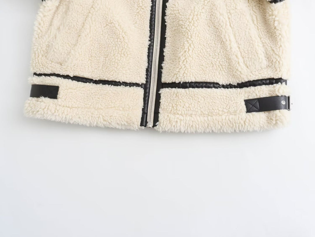 Ladies Oversize Teddy Jacket in Aviator Look with Contrast Seams and Webbing Details Amarae