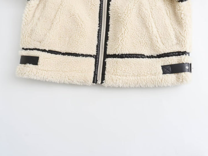 Ladies Oversize Teddy Jacket in Aviator Look with Contrast Seams and Webbing Details Amarae
