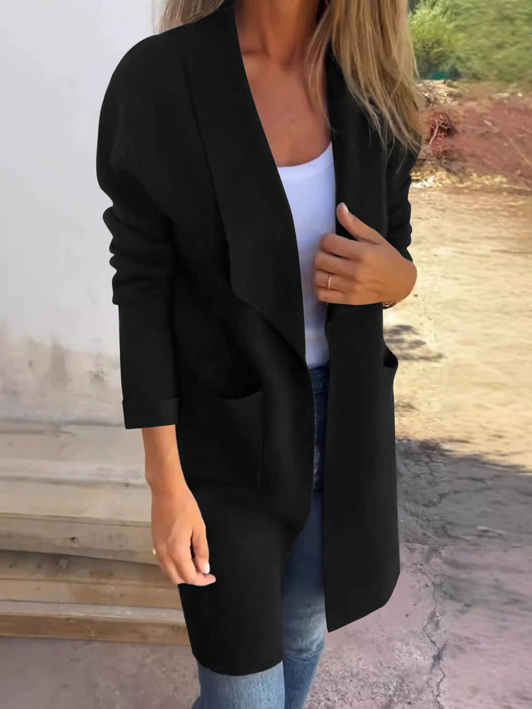Ladies Long Casual Open Cut Jacket with Practical Pockets Lune London