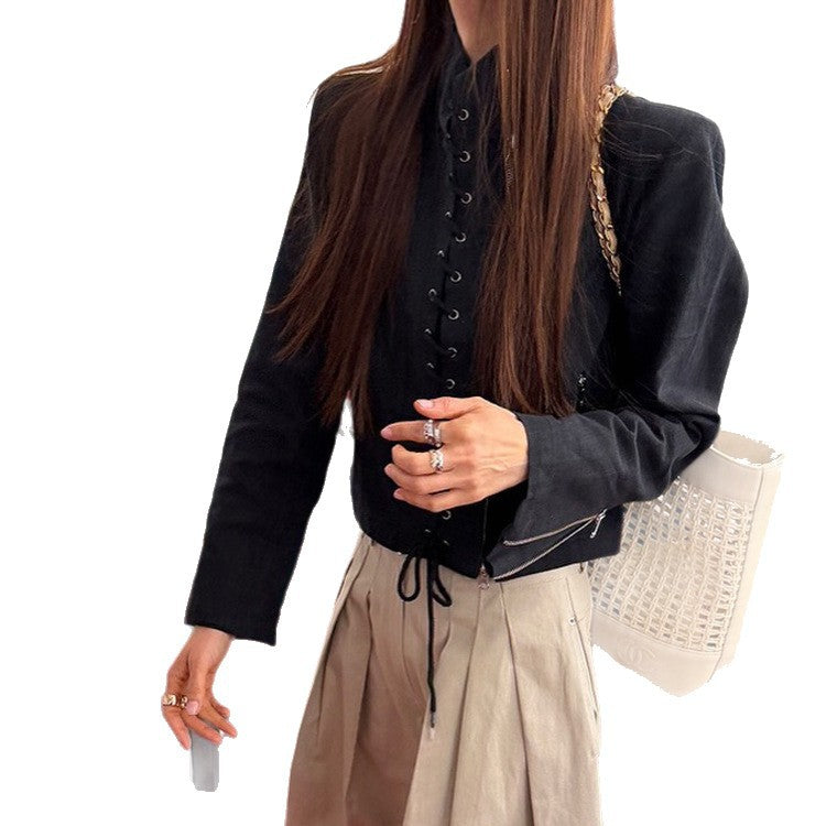 Women's Short Cut Lace-Up Biker Jacket with Asymmetrical Zipper Amarae