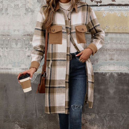 Flannel plaid jacket for women with patch pockets and button closure Amarae