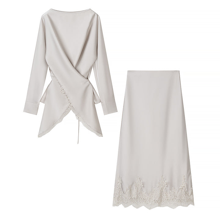 Women's Two-Piece Satin Set with Wrap Blouse and Midi Skirt with Lace Trim Amarae