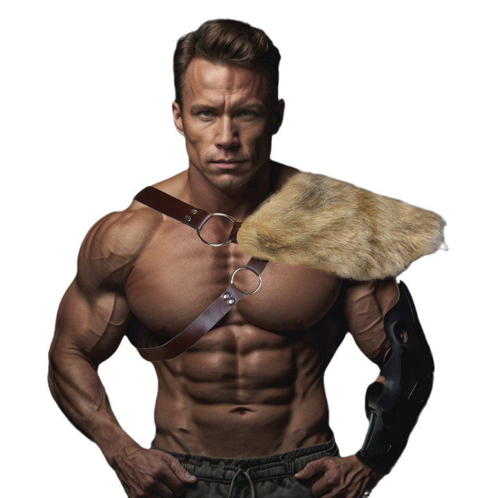 Men's decorative leather chest harness with removable faux fur shoulder pads Amarae