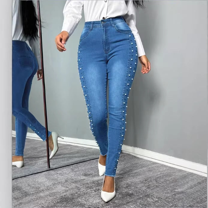 Women's shaping high-waisted skinny jeans with side pearl embellishment Amarae