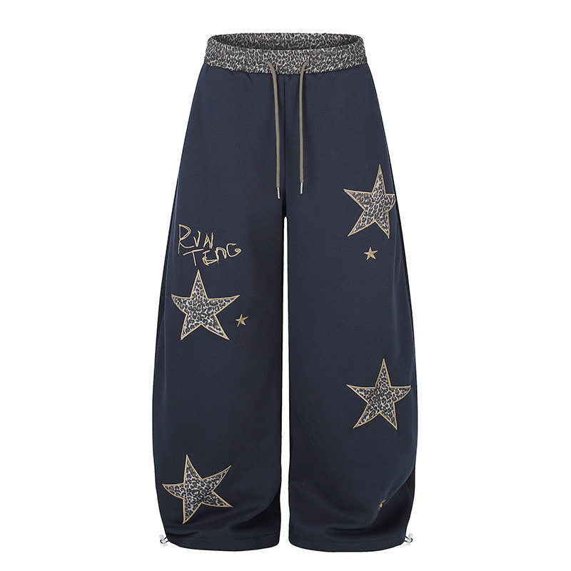 Women's Extra Wide Palazzo Sweatpants with Leo Waist, Star Appliqués and Drawstring Amarae