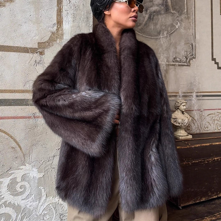 Women Short Fur Coat in Boxy Cut with Voluminous Shawl Collar Amarae