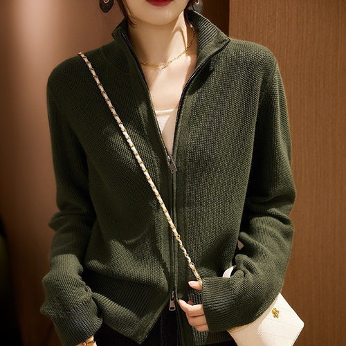 Knit jacket for women with high collar and full zipper Amarae