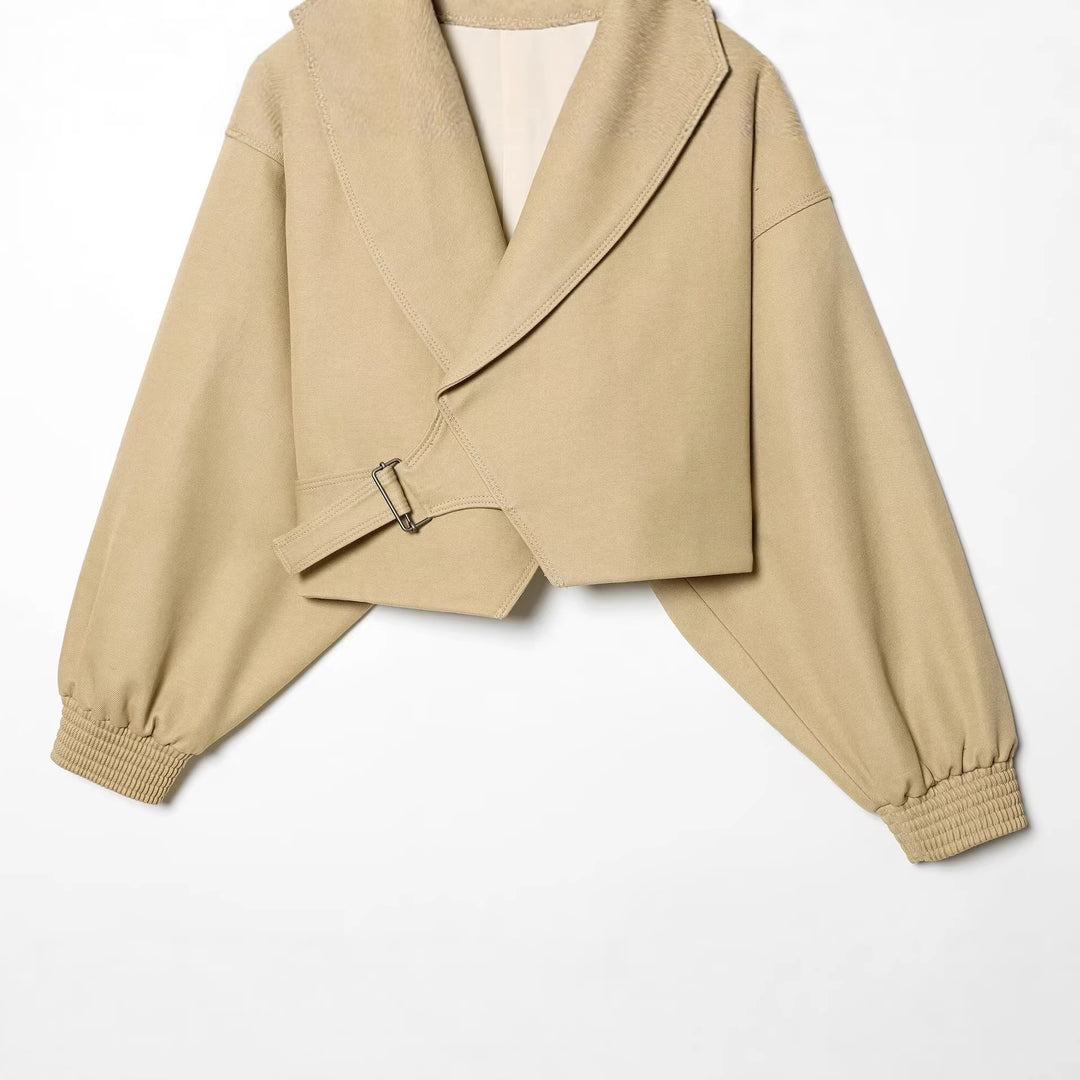 Women Cropped Trench Coat with Wide Shawl Collar, Tie Belt and Balloon Sleeves Amarae