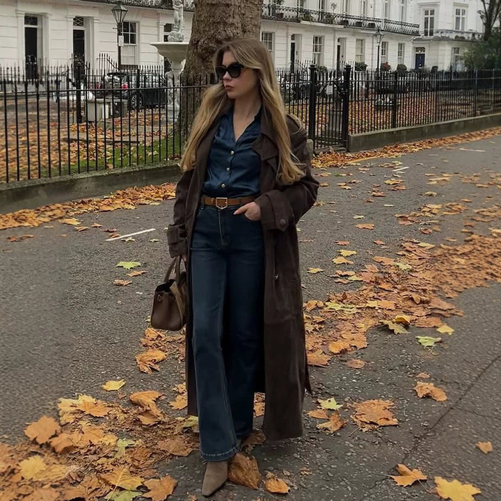 Ladies Long Cut Suede Trench Coat with Oversized Collar and Tie Belt Amarae
