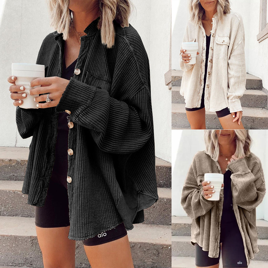 Women Waffle Oversized Jacket with Button Placket and Practical Pockets Lune London