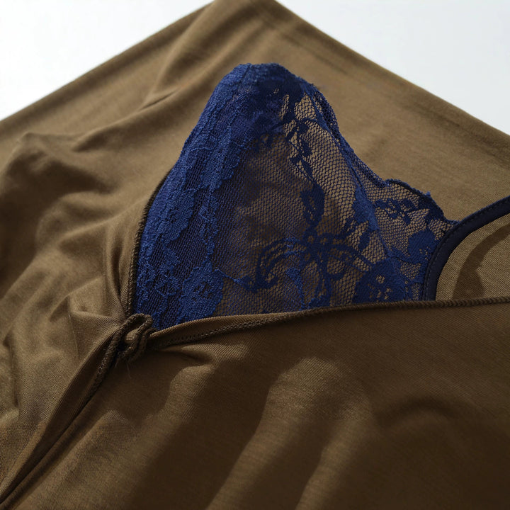 Women's Figure-Hugging Long Sleeve Top with Lace Insert and Knot Closure Amarae