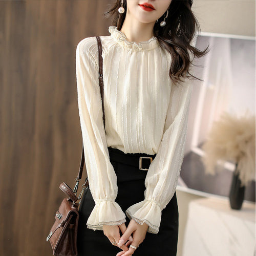 Ruffled high neck blouse for women with sheer sleeve details Amarae