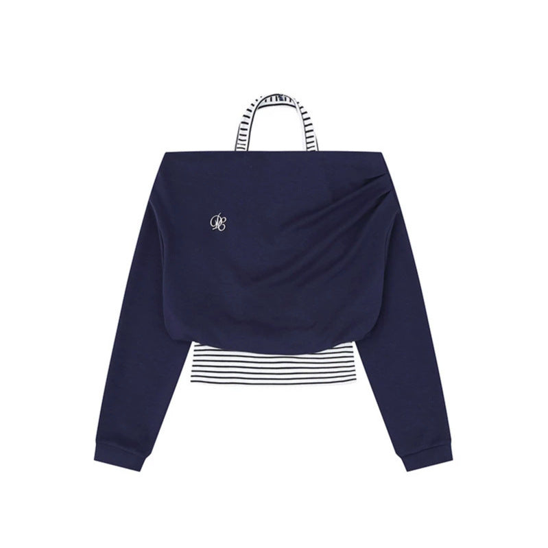 Women's Cropped Layered Hoodie with Integrated Striped Under-Shirt, Hood and Casual Raglan Cut