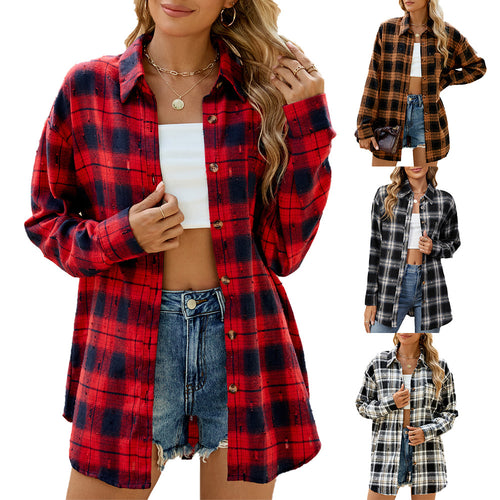 Ladies Flannel Check Shirt with Relaxed Fit and Wooden Details Amarae