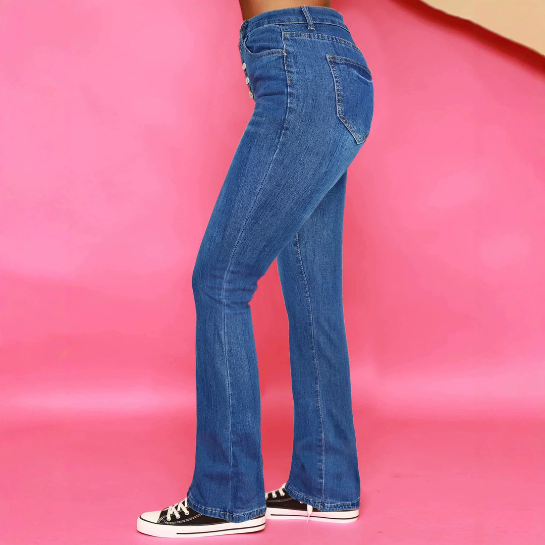 Women High-waisted Stretch Flared Jeans with visible button placket and sculpting fit Amarae