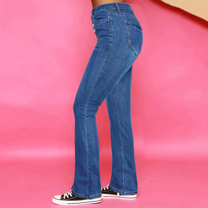Ladies sculpting high-waisted flared jeans with visible button placket Amarae