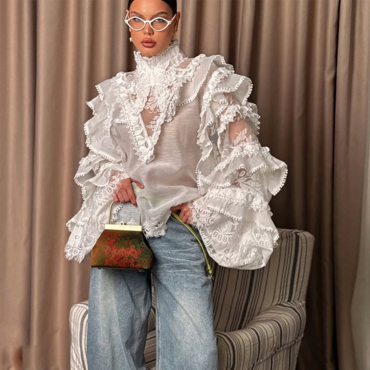 Women's Transparent Lace Blouse with Ruffle Sleeves and High Stand Collar Amarae