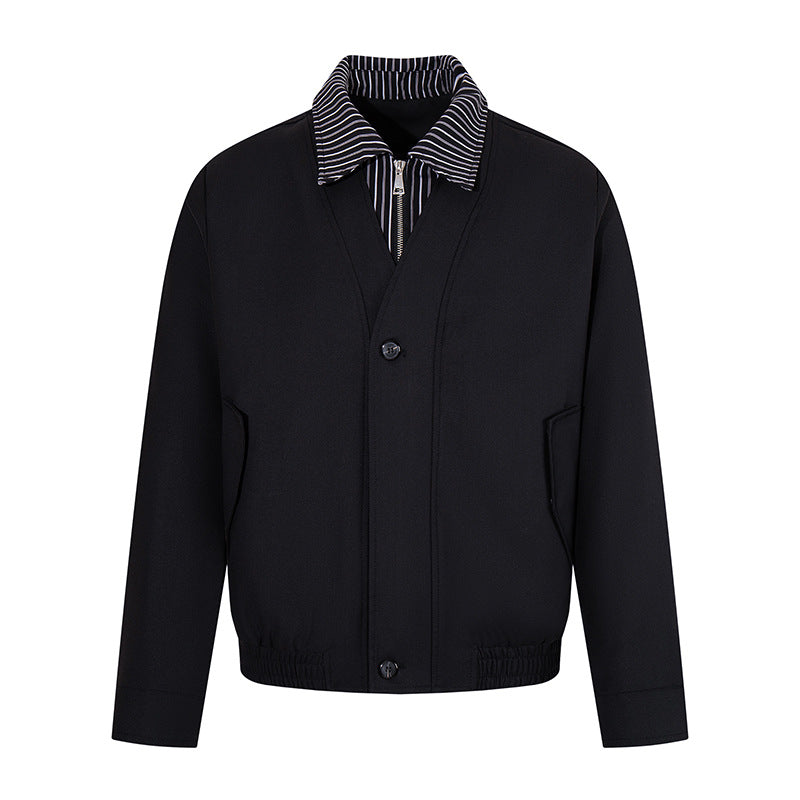 Men's short-cut blouson jacket with striped inner collar, concealed two-way zipper, and elastic hem Amarae