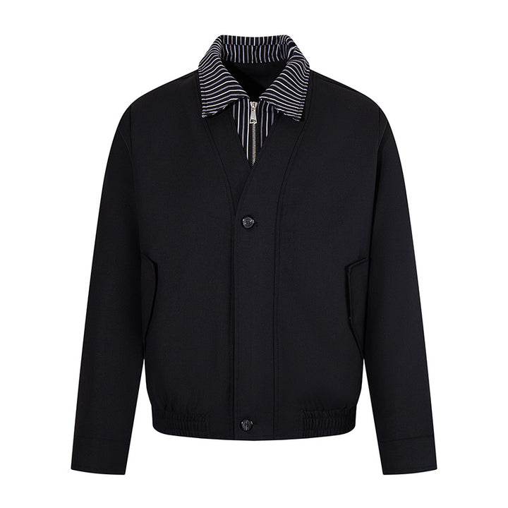 Men's short-cut blouson jacket with striped inner collar, concealed two-way zipper, and elastic hem Amarae