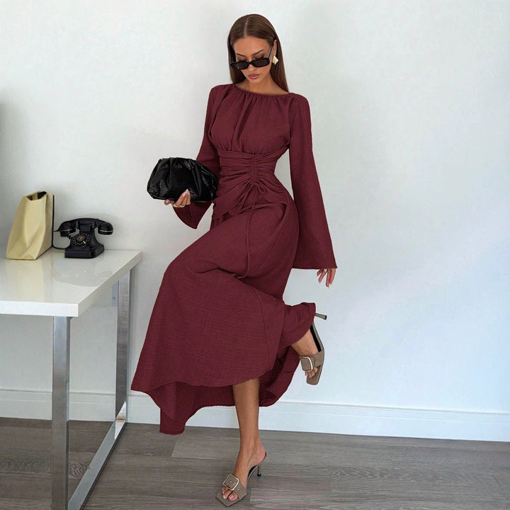 Ladies Max Dress with gathered waist lacing and bell sleeves Amarae