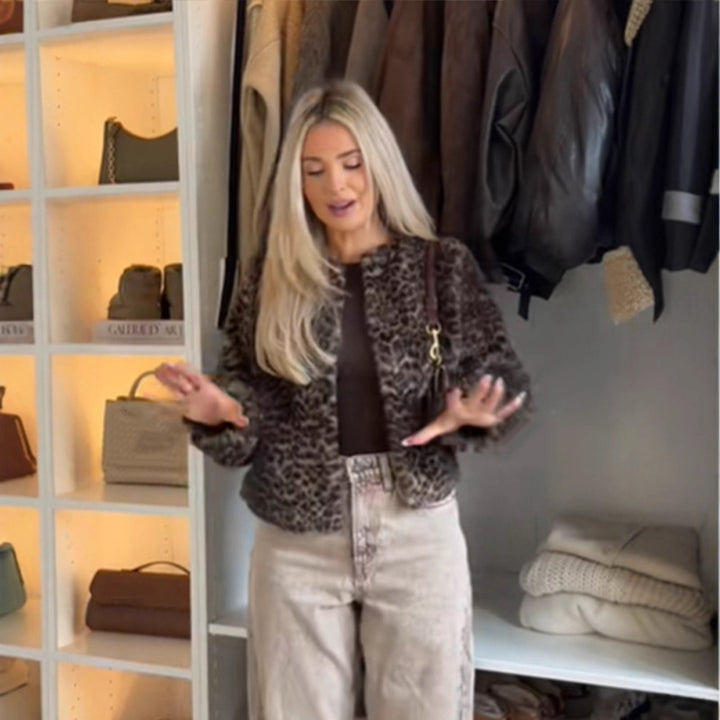 Women Short Cut Faux Fur Blouson with Leopard Print and Boxy Silhouette Amarae