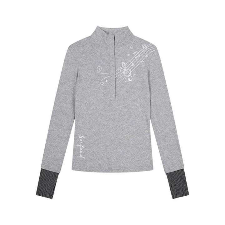 Women’s long-sleeve shirt with Henley button placket, contrast cuffs, and music note print Amarae