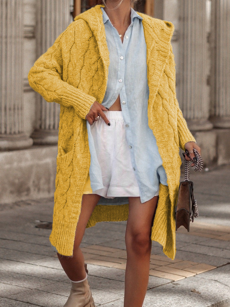 Thick knit cardigan for women with open front and hood Lune London