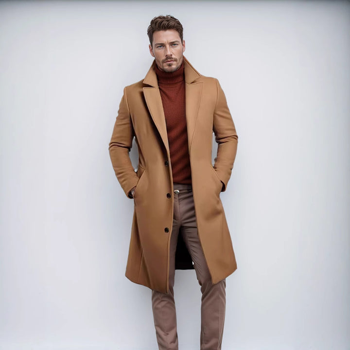 Elegant long coat for men with a textured premium material and practical pockets Amarae
