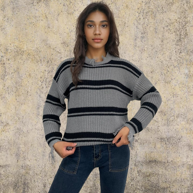 Casual striped sweater for women with frayed details Lune London