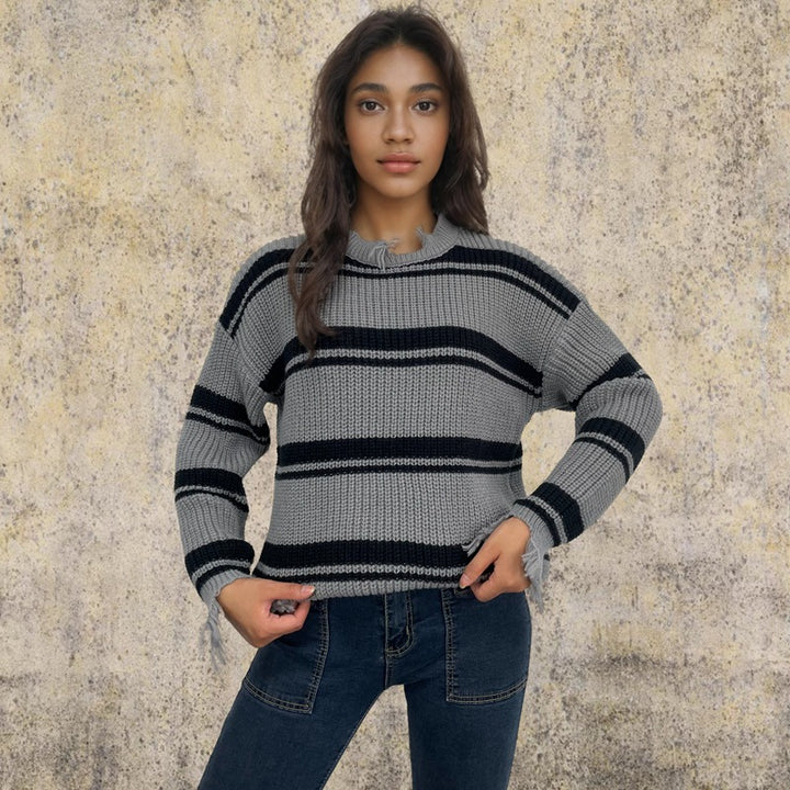 Casual striped sweater for women with frayed details Lune London