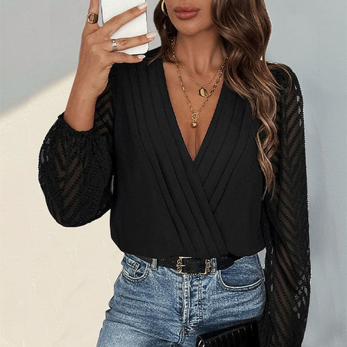 Women's Wrap Blouse with Fine Pleated Details and Transparent Sleeves Amarae