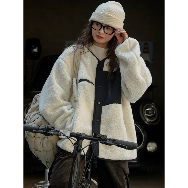 Women's Padded Teddy Fleece Jacket with Contrasting Front Panel and Patch Pockets Amarae