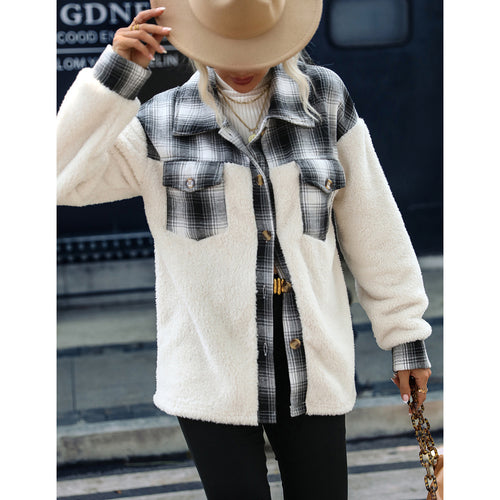 Amarae plaid pattern women's plush jacket with trendy cut