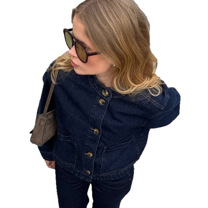 Women's Boxy Denim Jacket with Stand-up Collar, Patch Pockets and Roll-up Cuffs Amarae