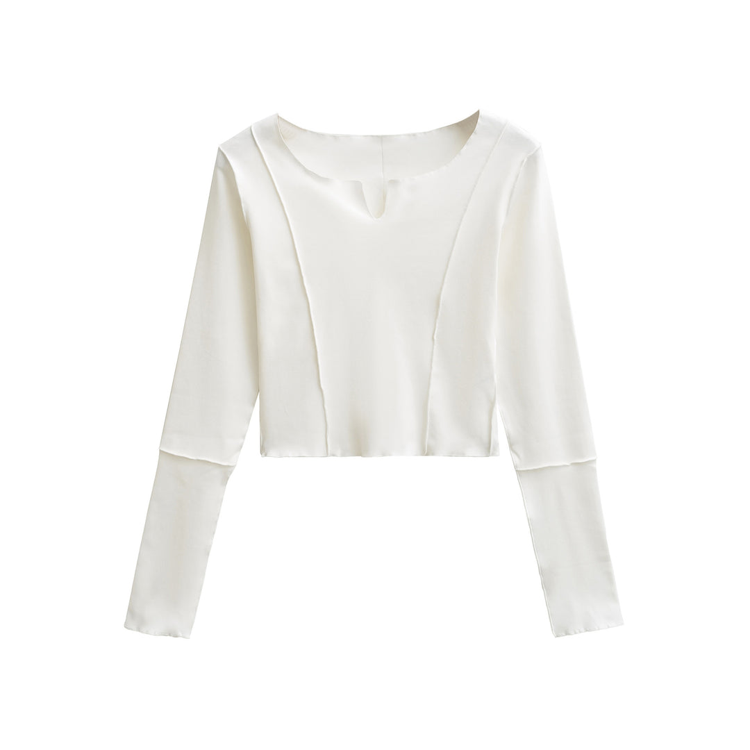 Women's Short Sleeve Long Sleeve Shirt with Visible Rolled Seams and Slit Collar Amarae