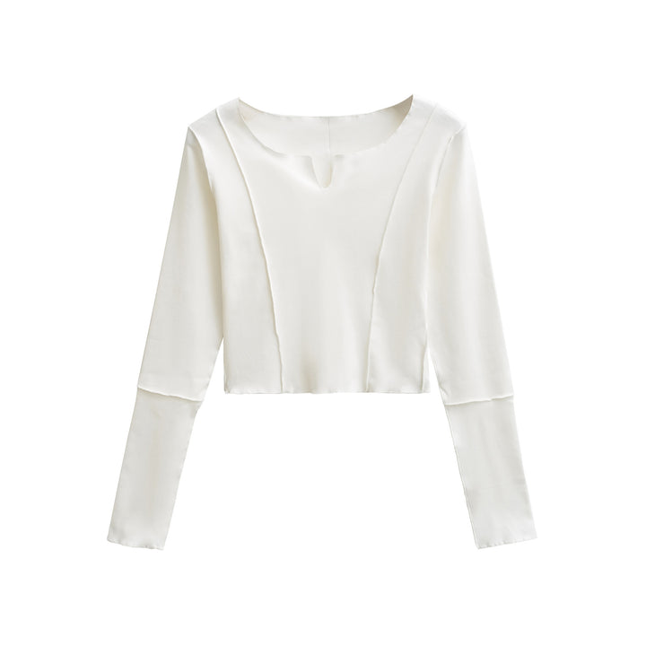 Women's Short Sleeve Long Sleeve Shirt with Visible Rolled Seams and Slit Collar Amarae