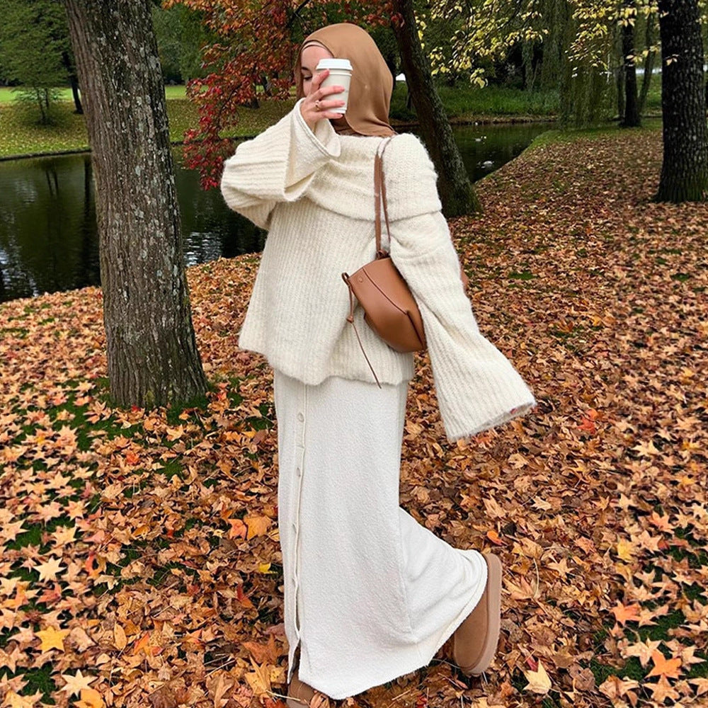 Women's Oversize Off-Shoulder Ribbed Knit Sweater with Wide Bell Sleeves Amarae