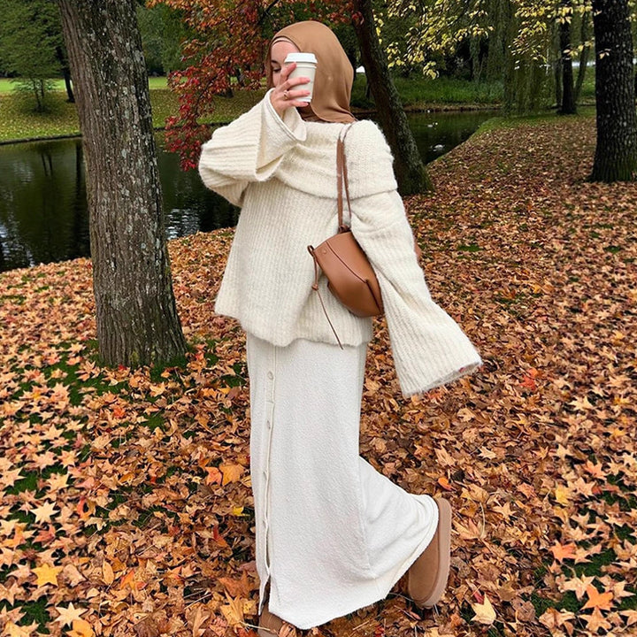 Women's Oversize Off-Shoulder Ribbed Knit Sweater with Wide Bell Sleeves Amarae