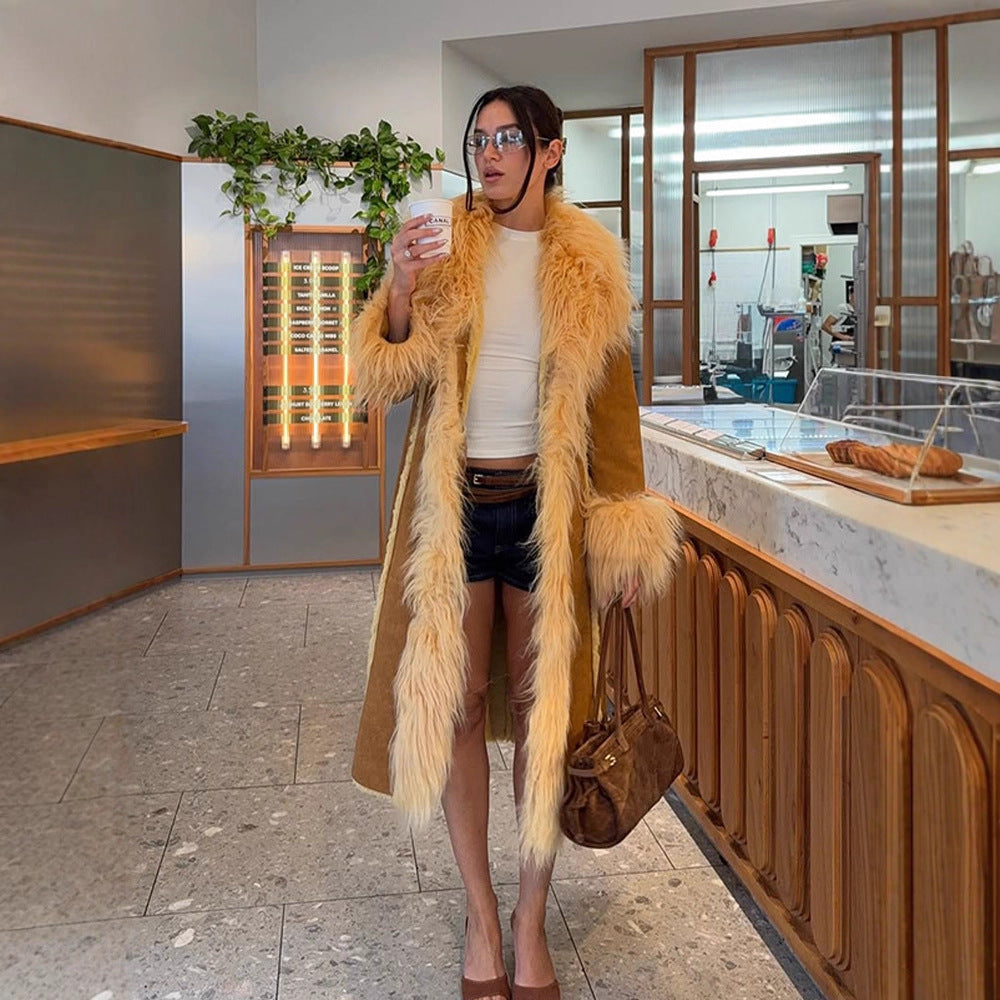 Women Long Shearling Imitation Coat with Voluminous Shawl Collar and Plush Cuffs Amarae