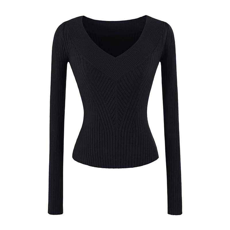 Women's Tailored Ribbed Knit Sweater with V-Neck and Shaping Structure Amarae