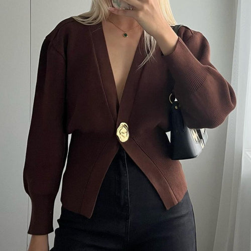 Elegant knitted cardigan for women with a deep V-neck and decorative button Amarae