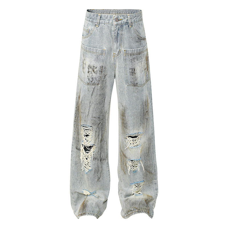 Women's Wide High-Waist Destroyed Denim Palazzo Jeans with Patch Pockets Amarae