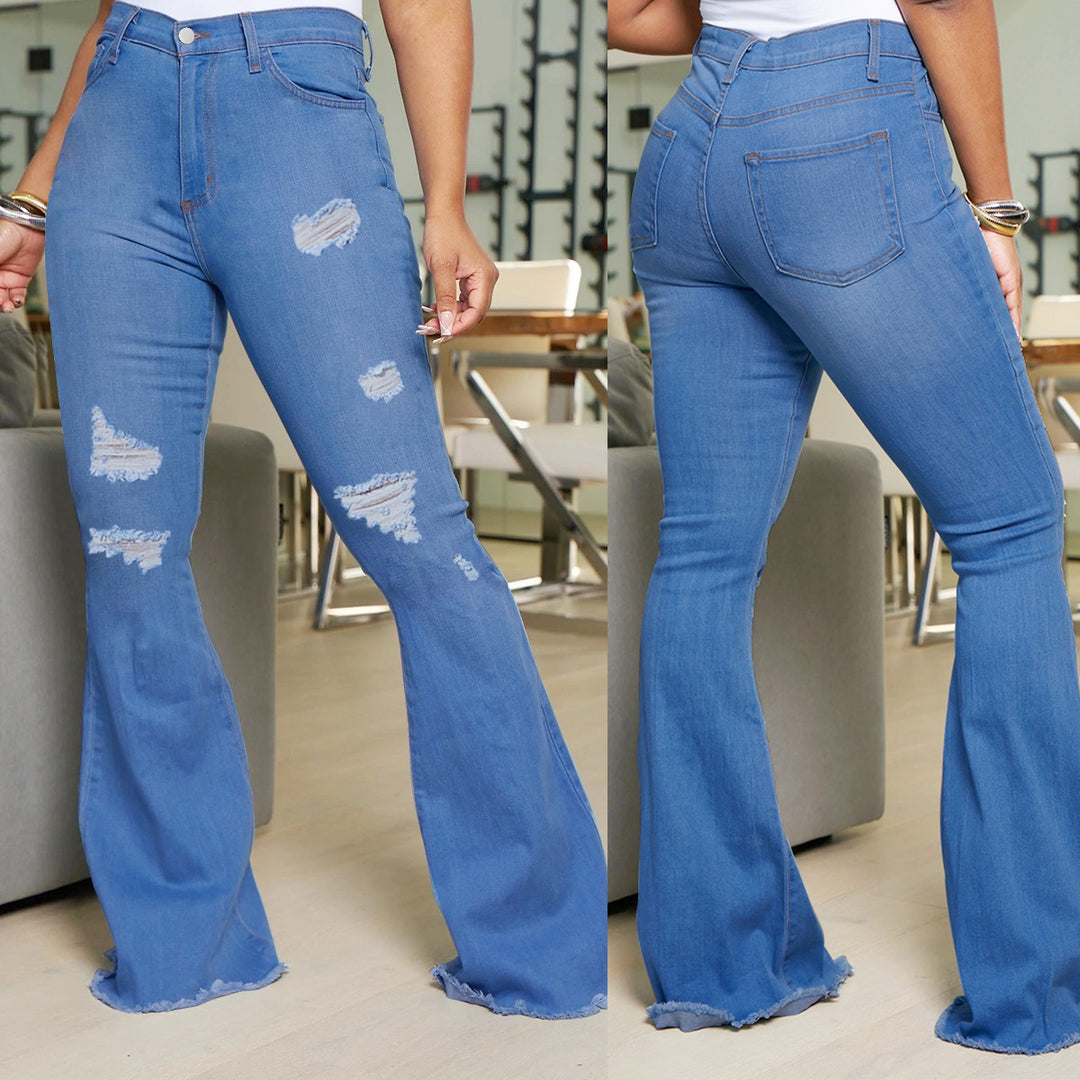 Ladies' waist-fitting flared jeans with ripped inserts and raw hem Amarae