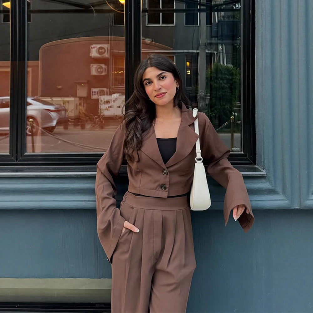Women Two-Piece Tailoring Set Short Blazer with Bell Sleeves and High-Waist Palazzo Pants Amarae