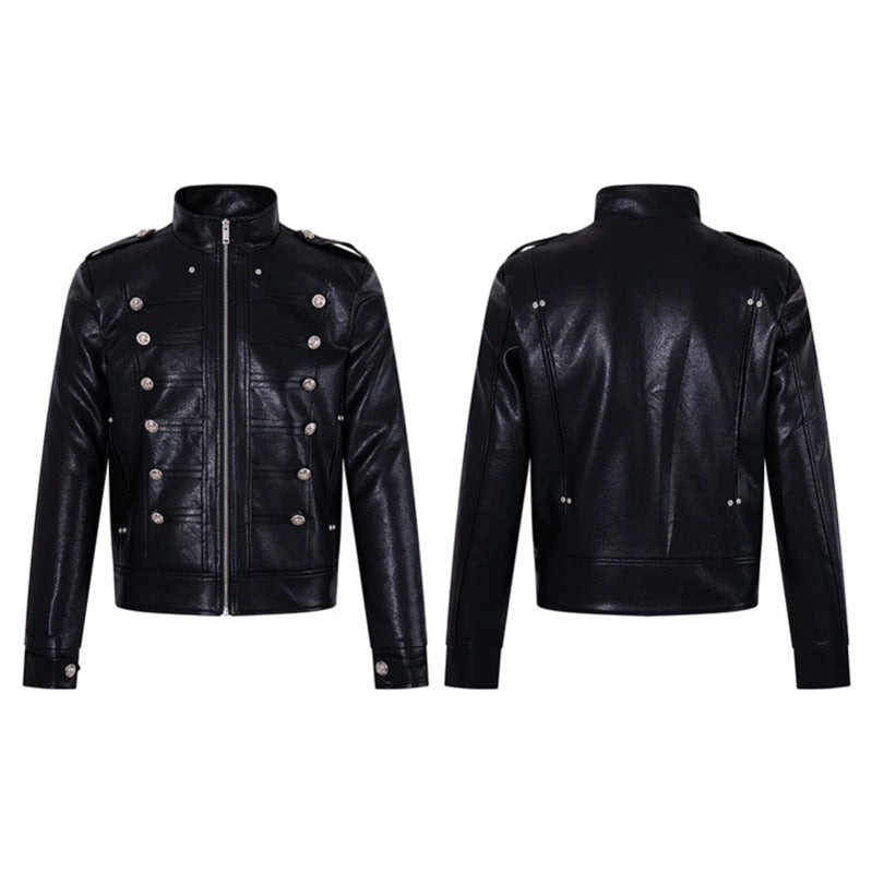Men's military-inspired faux leather jacket with stand-up collar, decorative button row and shoulder pads Amarae