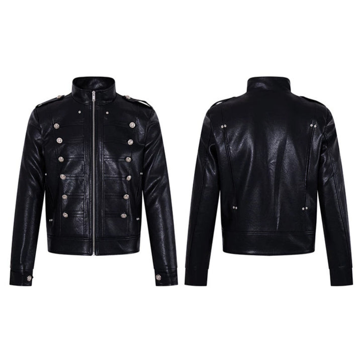 Men's military-inspired faux leather jacket with stand-up collar, decorative button row and shoulder pads Amarae