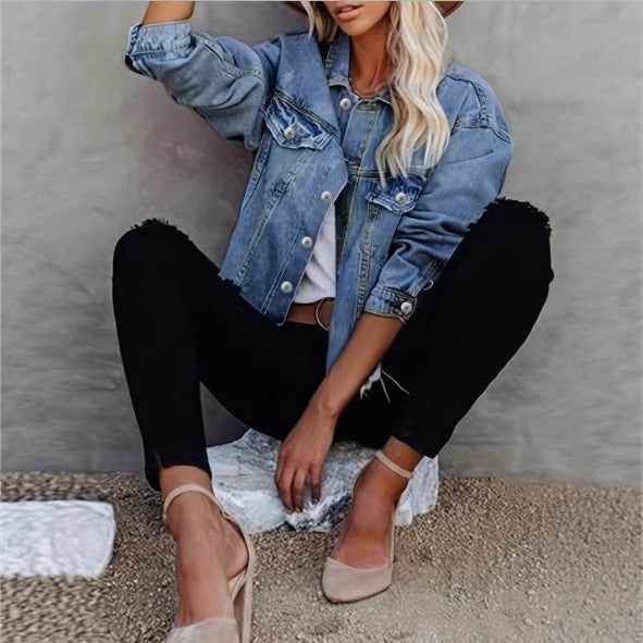Women's Short Cut Oversized Denim Jacket with Frayed Hem and Flap Pockets Amarae