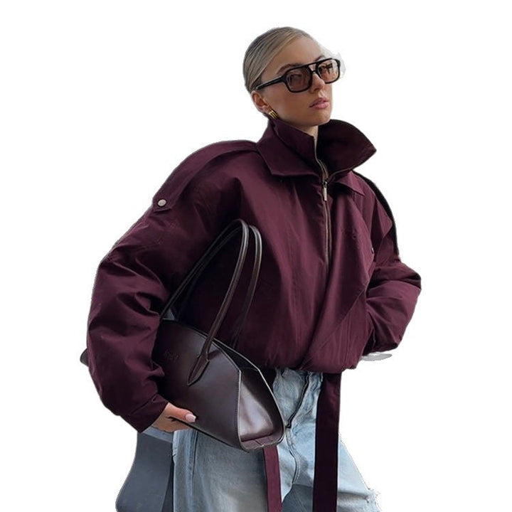 Ladies modern Oversized jacket with high collar and belt at the waist Lune London